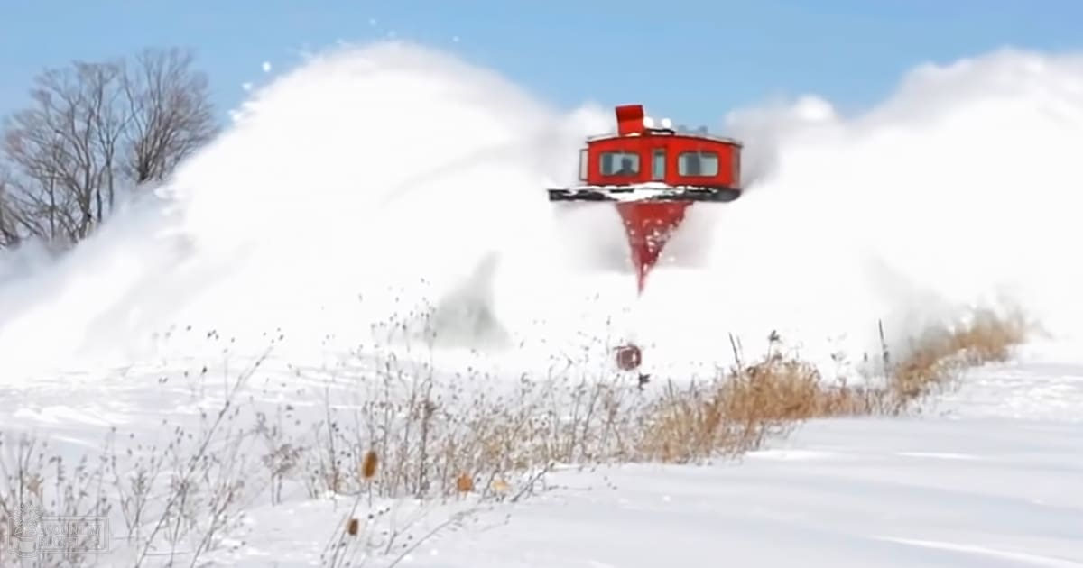 A snowplow actively clearing a snowy road in an open rural area with bare trees under clear daytime skies.