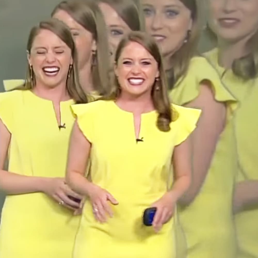 A young adult female and multiple adult females wearing bright yellow sleeveless dresses with ruffled sleeves, set against a plain studio backdrop.
