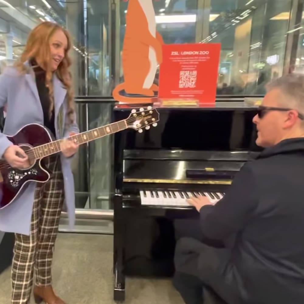 Young adult female with long red braided hair, wearing a light blue blazer over dark top and plaid pants, stands beside an adult male in sunglasses and black jacket at London Zoo. Piano and giraffe cutout are visible.