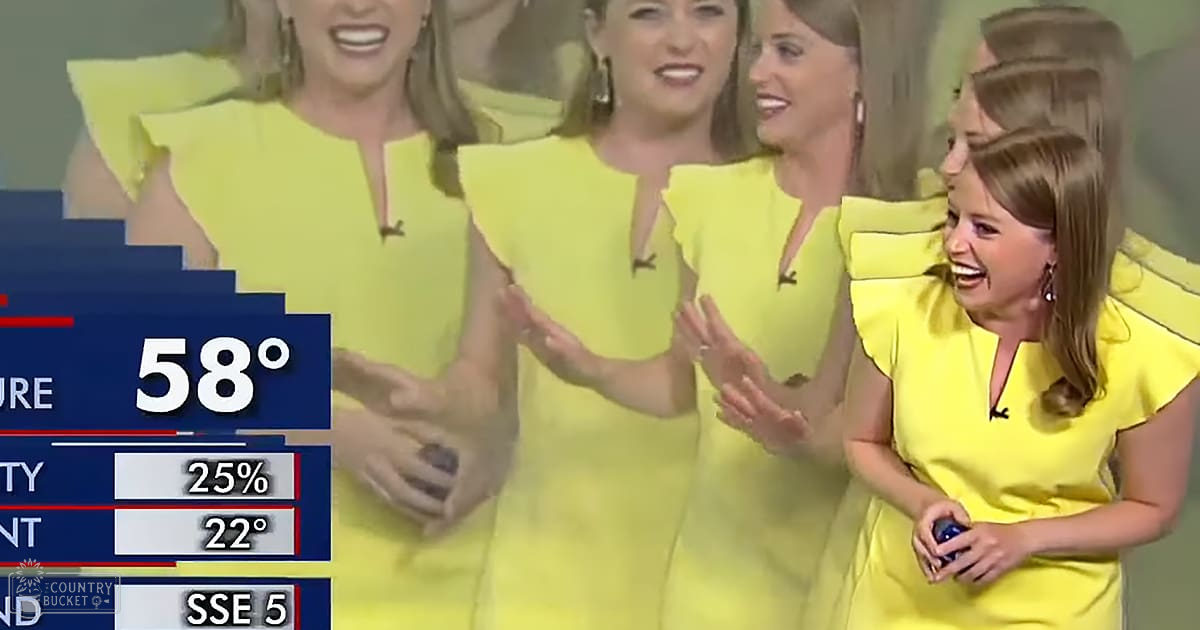 A group of adult female women in bright yellow dresses with ruffled sleeves, possibly at a television broadcast or studio setting.