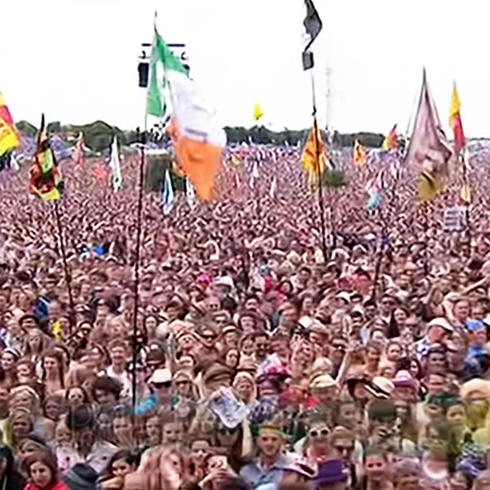 A large crowd at an outdoor festival with overcast skies and various flags in a field.