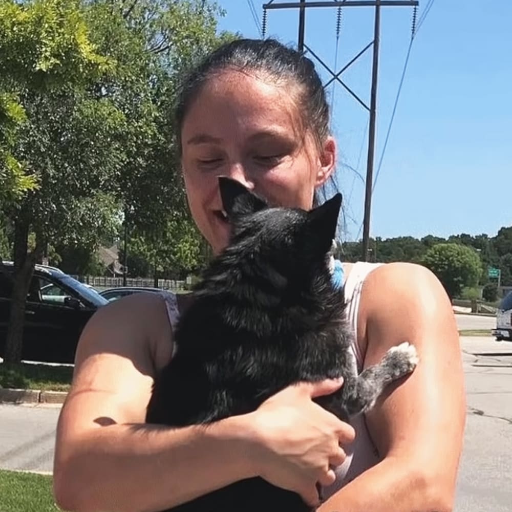 A young adult female holds a black domestic short-haired cat outdoors on a sunny day with clear blue skies, surrounded by trees and parked cars.