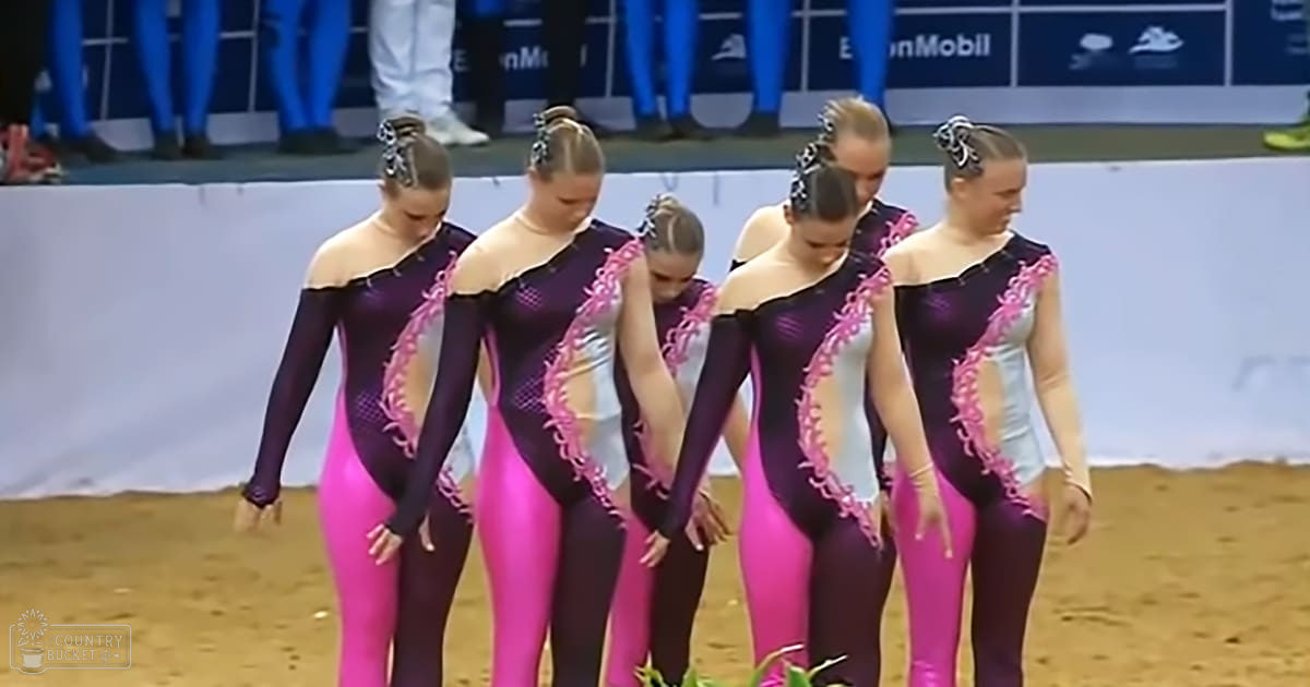A synchronized swimming team performs at an indoor sports arena, wearing dark purple leotards with pink accents during a professional event.