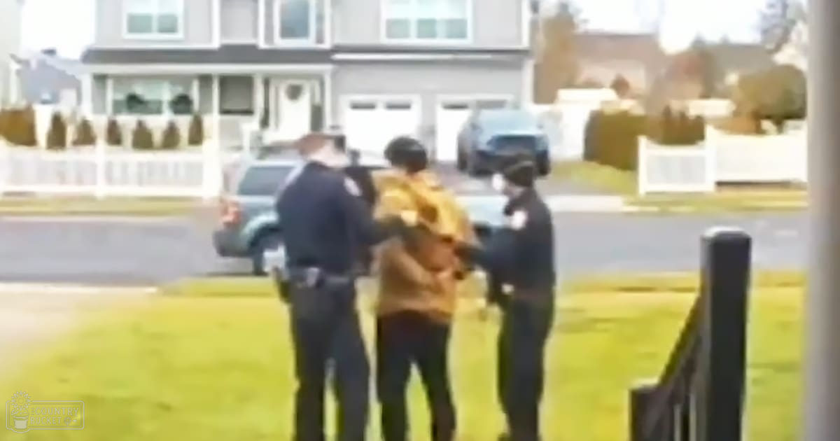 A suburban residential area with a child being restrained by two adults during spring or summer.
