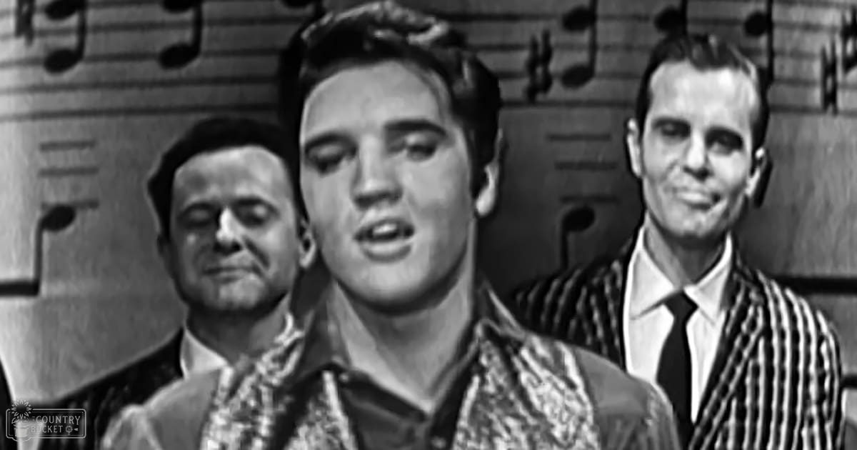 Three adult males in a mid-20th-century setting, wearing patterned shirts and suits with musical notes on the wall behind them.