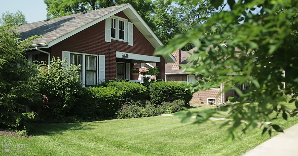 A suburban neighborhood with a red brick house, well-maintained lawn, bushes, trees, and potted plants in midday light during spring or summer.