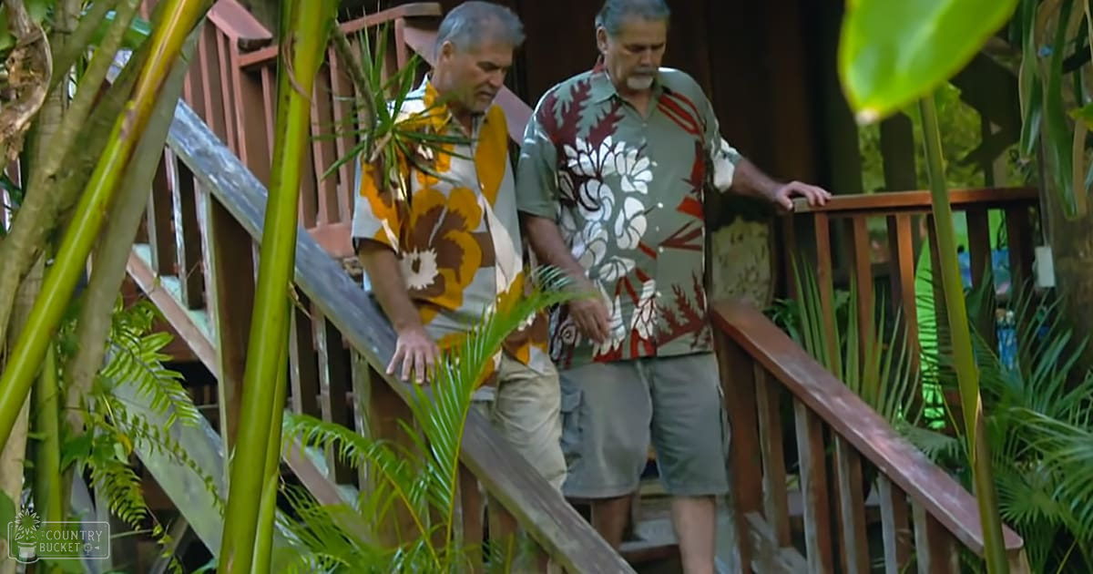Two older adults wearing Hawaiian shirts and cargo shorts, walking down wooden stairs amidst lush tropical greenery.