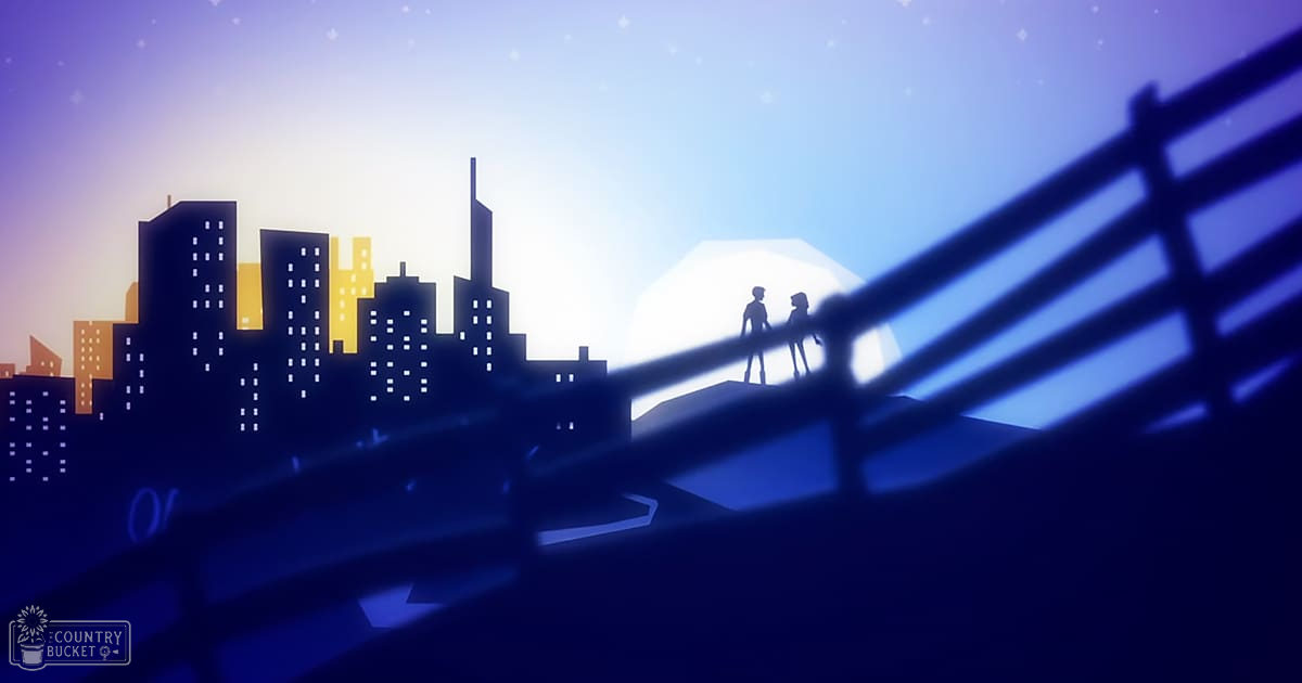 Two teenagers standing together at night on an urban bridge under moonlight with city skyline and stars visible in background.