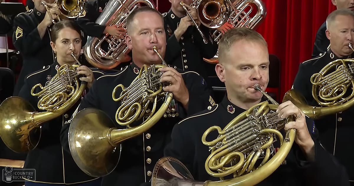 Adult males in a military brass ensemble perform on stage with French horns, bright lighting, dark blue uniforms, gold buttons, red curtains.