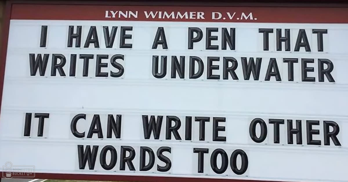 A humorous signboard reading 'LYNN WIMMER D.V.M. I HAVE A PEN THAT WRITES UNDERWATER IT CAN WRITE OTHER WORDS TOO.' in an outdoor setting with red, white, and black colors.