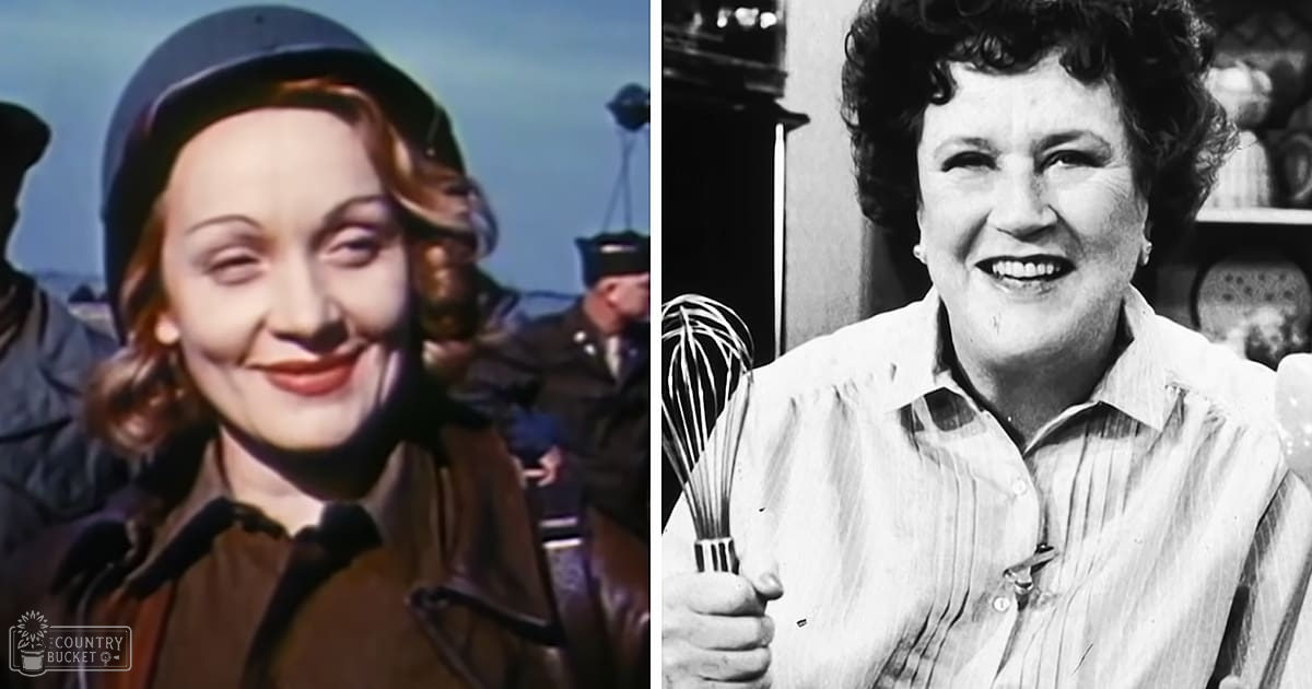 A young adult female in a brown jacket and dark cap stands against an outdoor backdrop with military personnel; an older adult female wears a white striped blouse, holding a whisk indoors.