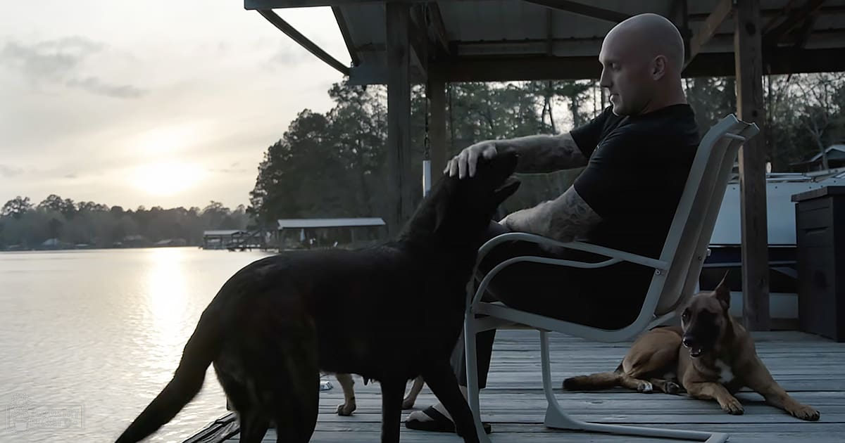 Adult male wearing a black short-sleeved t-shirt with visible tattoos sitting on a dock by a lake at sunset with German Shepherds nearby.