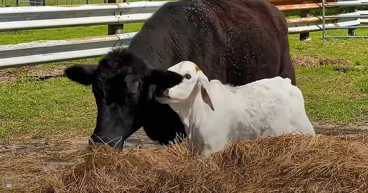 A black cow with a white calf in a rural farm setting during spring or summer under bright daylight, surrounded by green grassy fields and metal fencing.