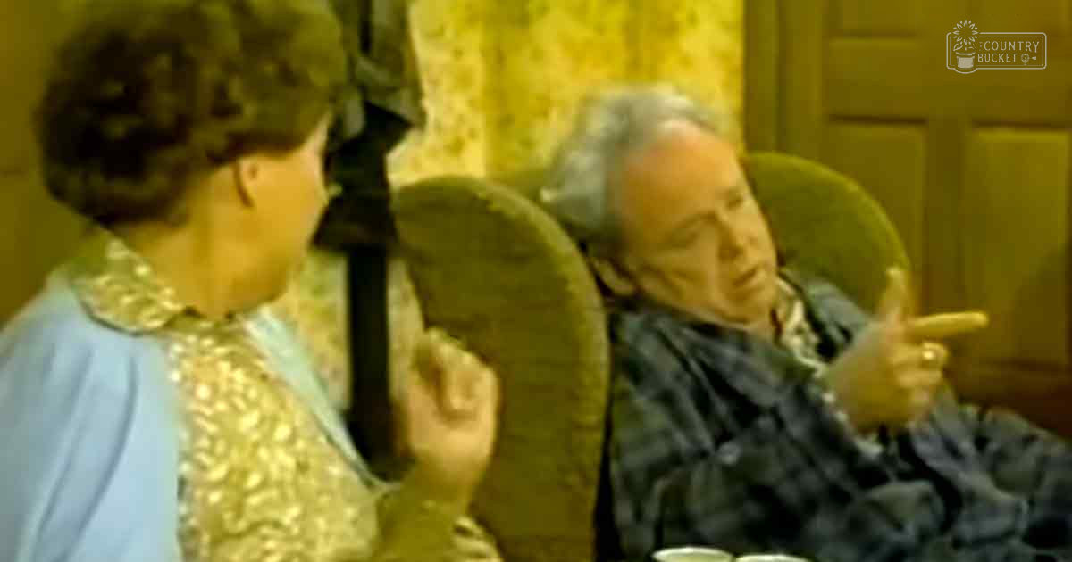 An older adult male in a dark-patterned robe sits on a green cushioned chair, interacting with an older female wearing a light blue patterned garment. The setting appears to be indoors, possibly at home.