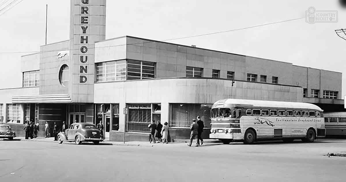 Greyhound Bus Terminal, likely a city street in the United States during mid-20th century.
