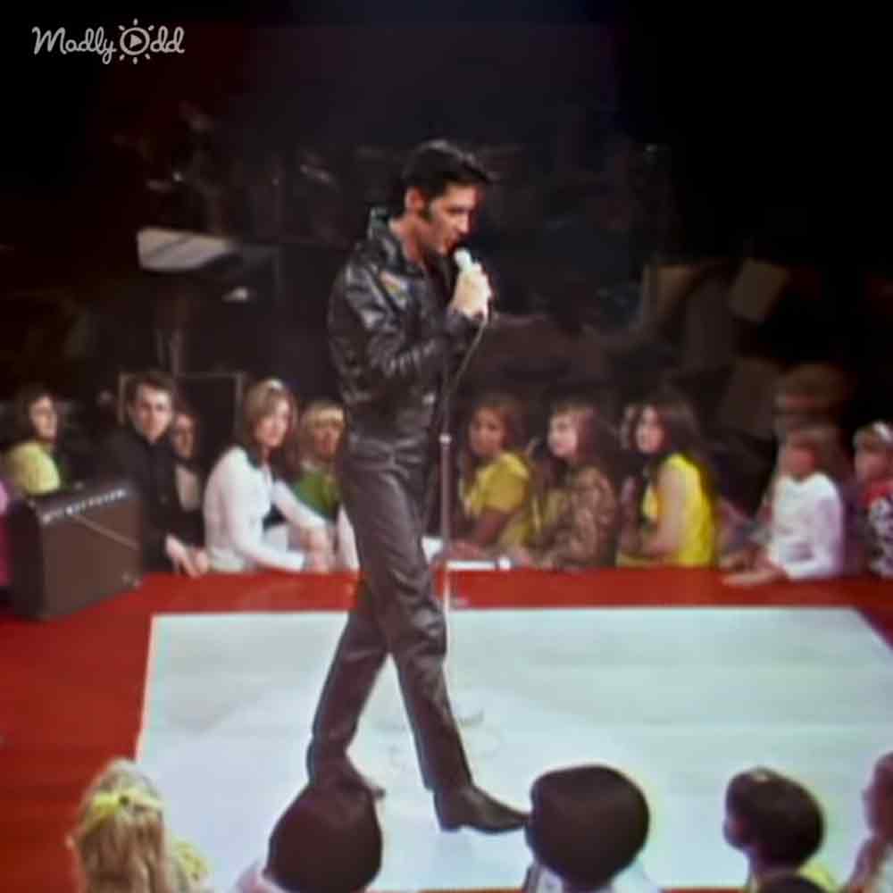 A performer in an adult male singer, wearing a black leather outfit, on stage during a concert with mixed-aged audience members in various outfits.