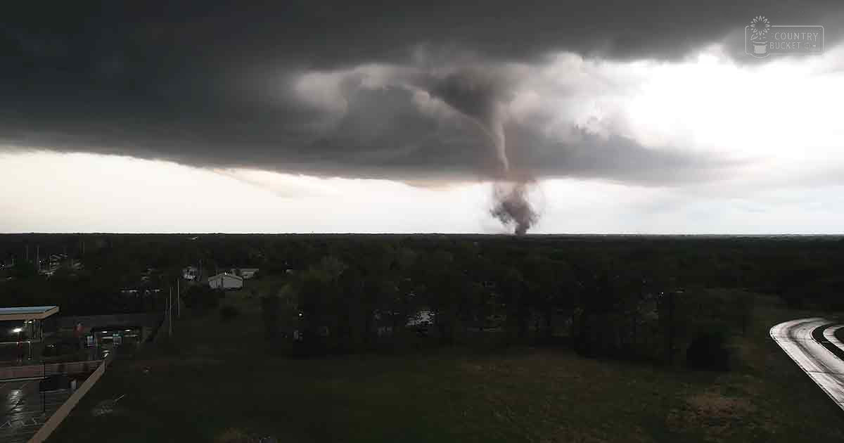 A large tornado touching down on an open landscape with residential or small commercial buildings visible under stormy skies, surrounded by green trees during daylight hours