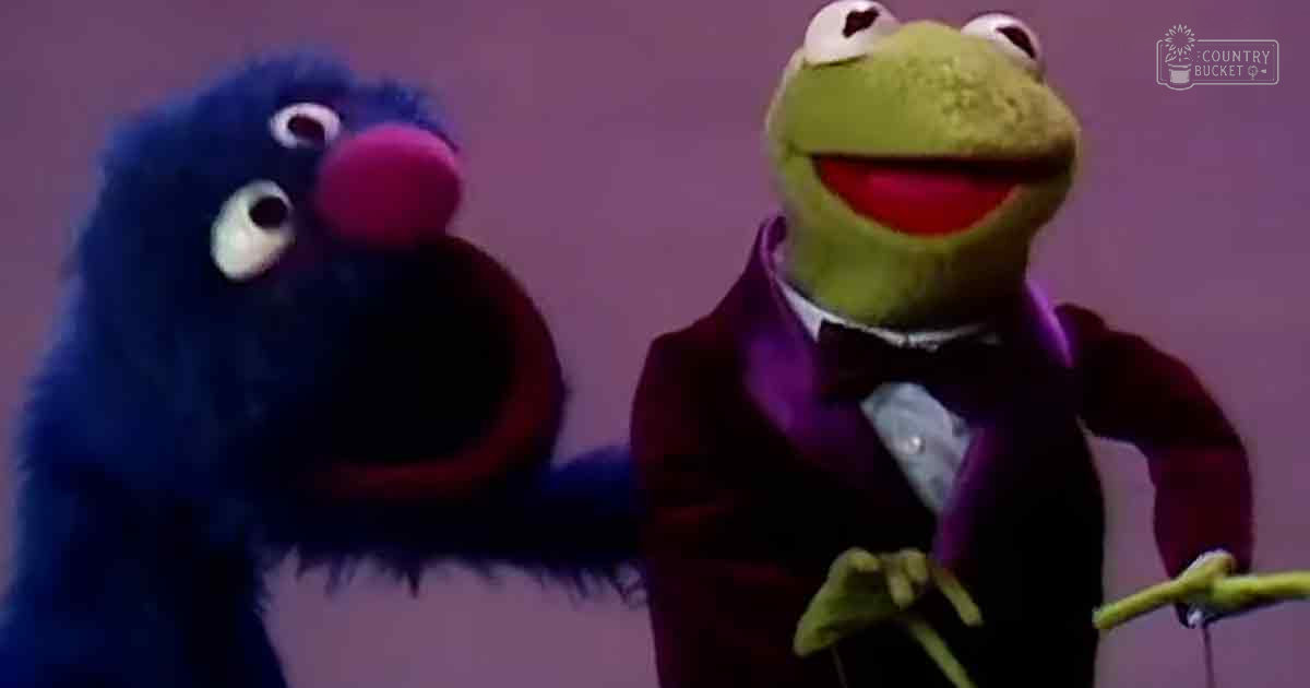 Two puppet characters Grover and Kermit the Frog in a studio setting, dressed formally with purple suit jackets and dark blue fur coats against a plain light-colored backdrop.