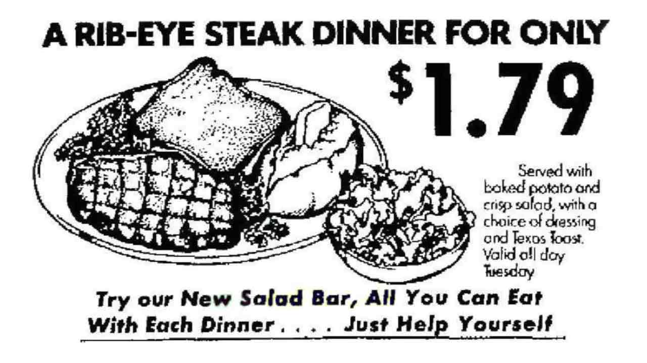 A rib-eye steak dinner with baked potato and crisp salad, advertisement for $1.79 meal in a restaurant setting.