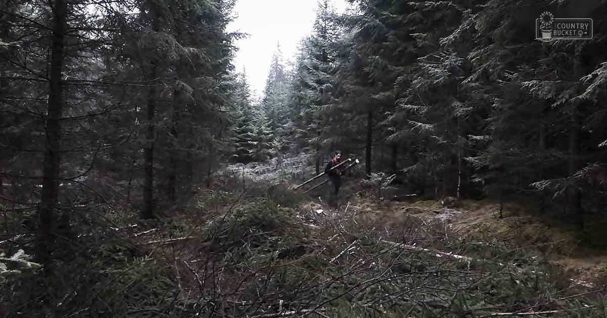 Adult male wearing dark pants, jacket with hood, boots in dense forested area holding chainsaw-like tool. Overcast or early/late afternoon light creates muted colors.
