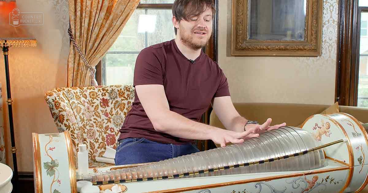 A young adult male plays an instrument in a vintage living room with floral-patterned furniture and natural daylight.