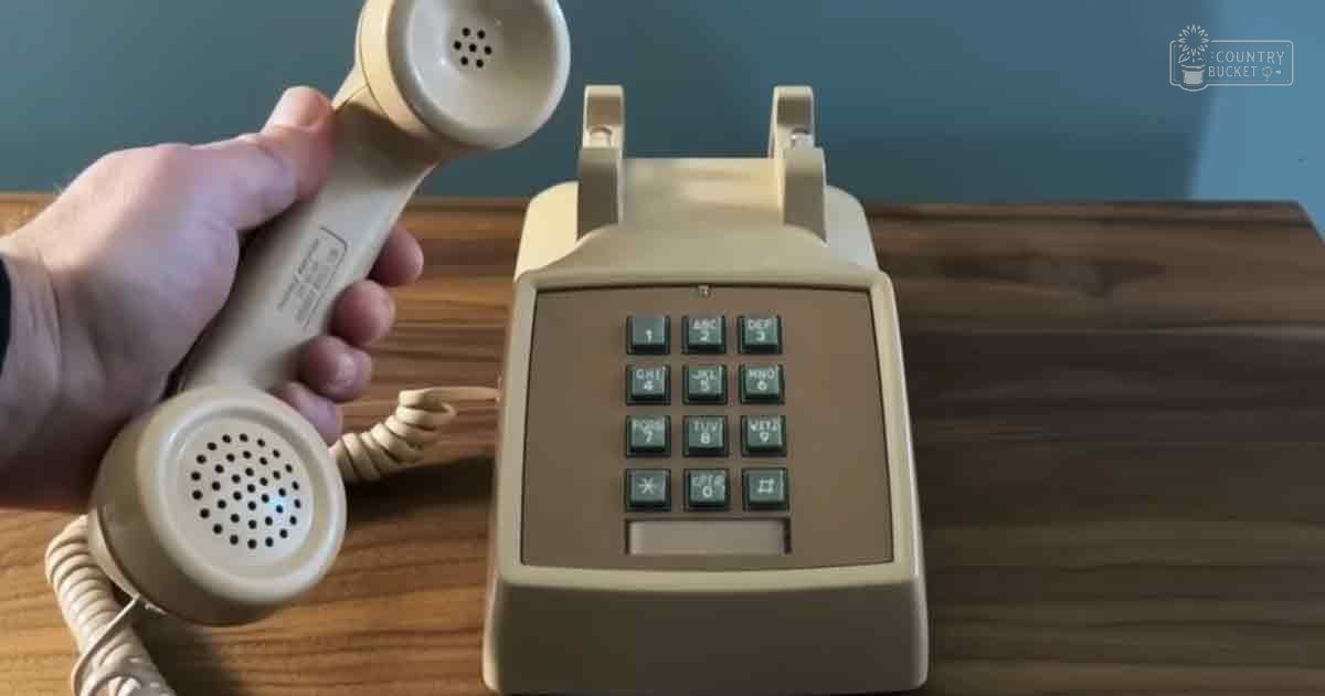 A beige vintage telephone with a corded handset is prominently displayed against a wooden surface, indicating an indoor setting.