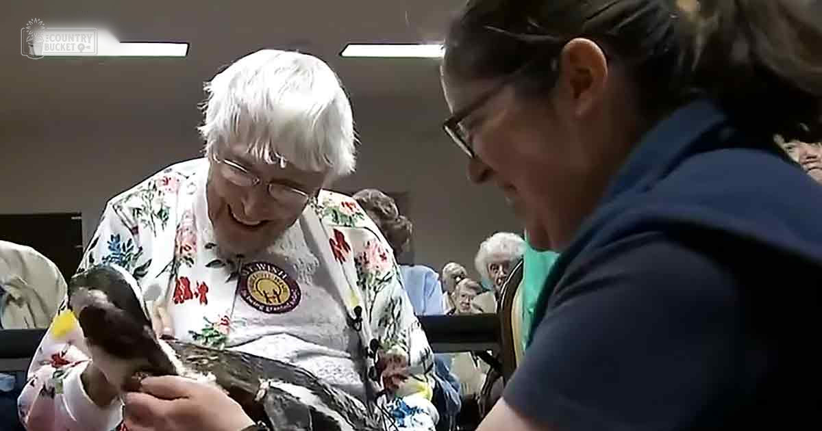 An older adult female in a nursing home setting with floral attire, alongside younger adults. A brown and white bird with streaks is present.
