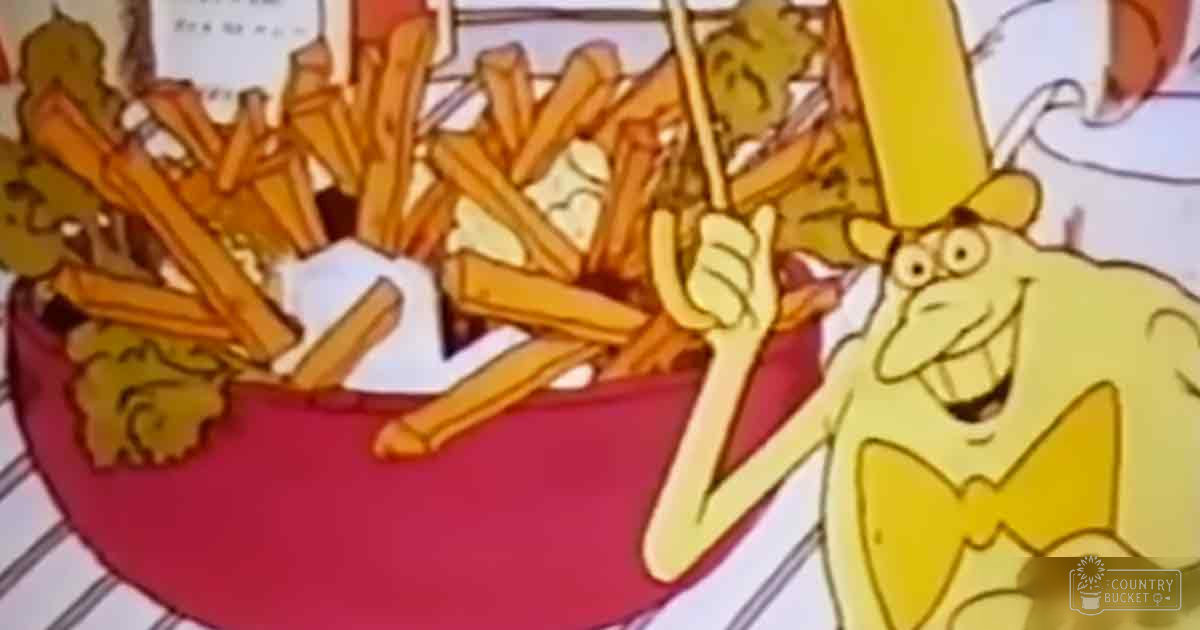 An adult male character in formal attire from mid-20th century wearing a yellow bow tie, holding french fries with ketchup and lettuce on top of them.