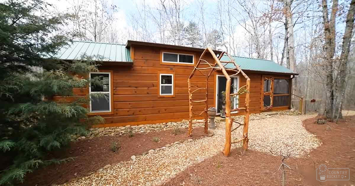 A rural log cabin with a teal roof surrounded by leafless trees in late winter or early spring, natural light suggests daytime setting.