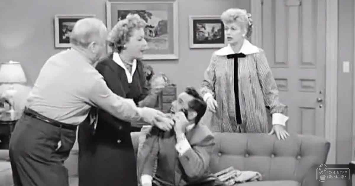 An indoor living room scene from an old sitcom with four adults interacting around a couch on a sunny day.