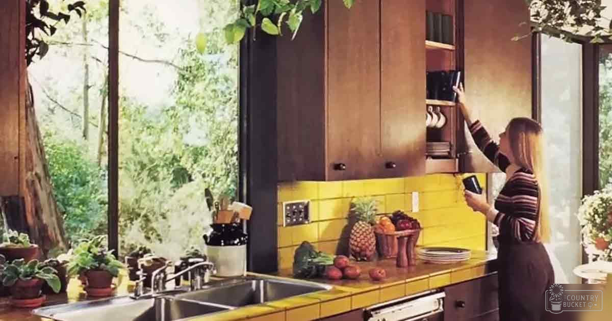 A young adult female in a residential kitchen, surrounded by various fruits and plants with yellow tiles as a backsplash.