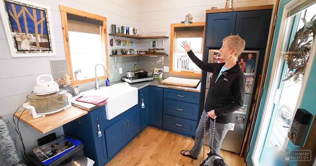 A small to medium-sized dog with dark fur and lighter patches stands in a cozy, well-organized kitchen environment on a sunny day.