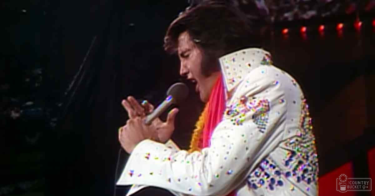 Adult male singer dressed in white sequined 1950s-60s style jacket with colorful patterns, holding microphone on stage with red lights indicating a concert venue.