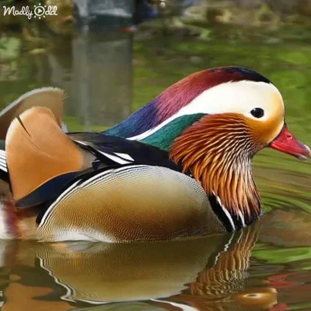 A Mandarin duck with vibrant red, blue, green, white, black, and orange plumage stands on a pond reflecting light during daytime.