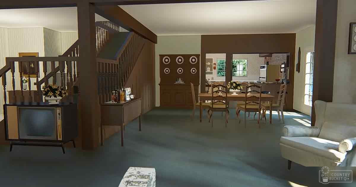 An older home interior with a vintage television set, wooden furniture, and decorative items during daytime light.