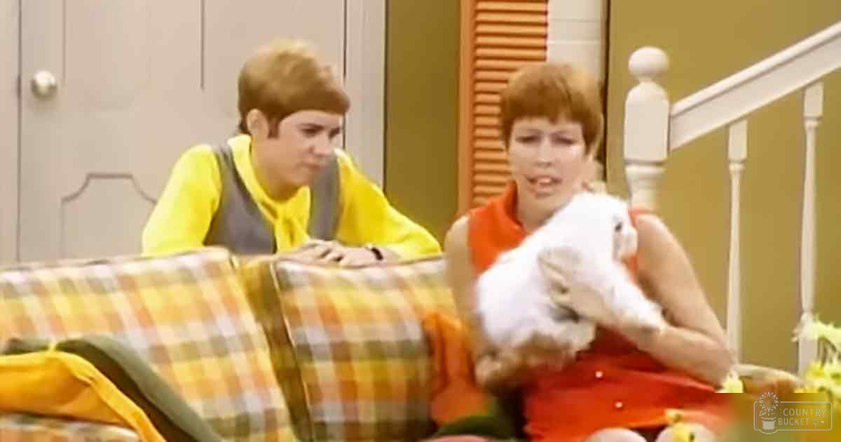 Two young adult females in mid-20th-century attire interact casually indoors, surrounded by mid-century furniture and natural daylight.