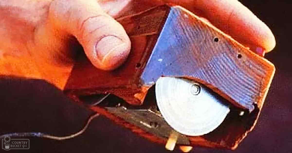 Adult male hand holding a small leather object with metal components, possibly indoors with artificial lighting.