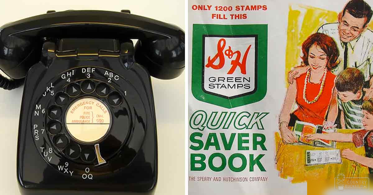 A vintage black rotary telephone with a dial for emergency calls is featured alongside an advertisement for S&H Green Stamps.