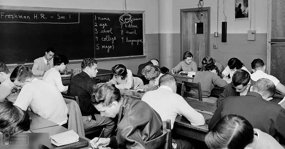 Mid-20th century classroom scene, desks arranged in rows, blackboard with 'Freshman' written on it, likely spring or summer light