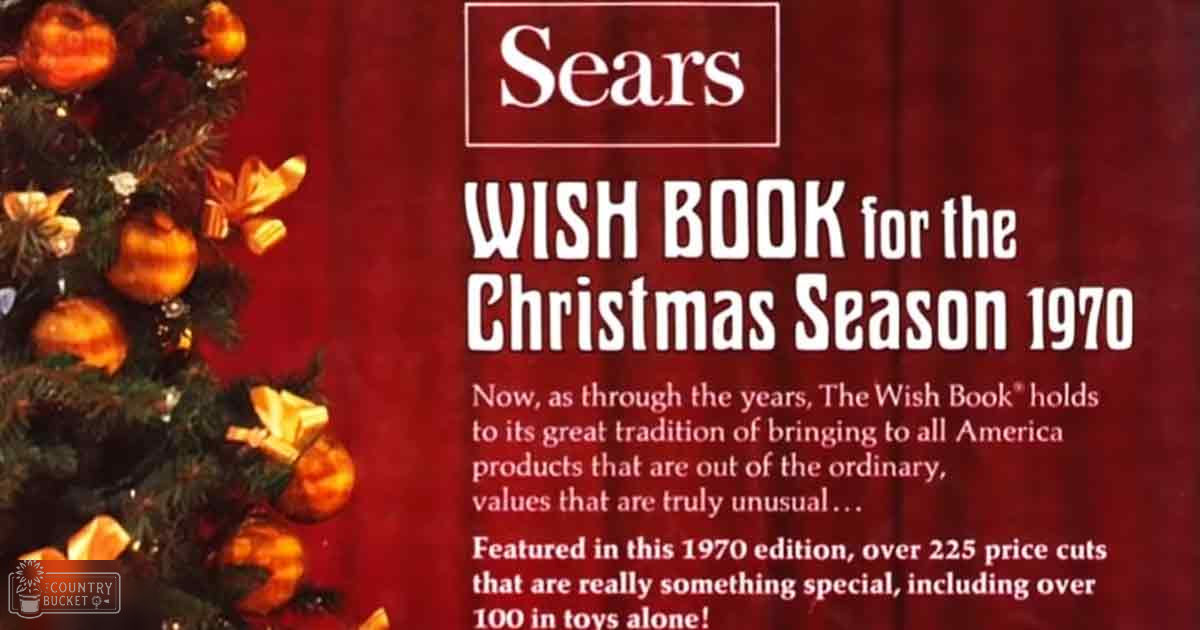 A festive Christmas scene with a decorated tree, price cuts mentioned in Sears Wish Book for 1970, set against a deep red curtain indoors.