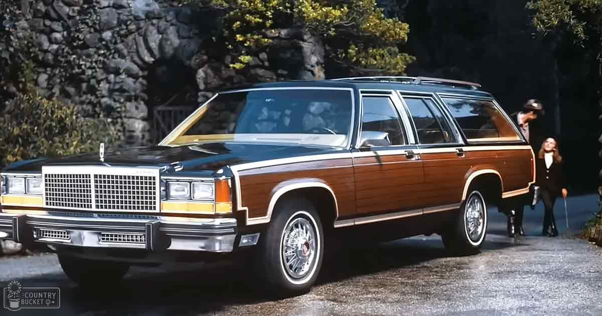 An adult female wearing a dark blazer, holding a cane, standing near a vintage station wagon with wood paneling; outdoors, surrounded by trees and rocks during spring or summer, in daylight.