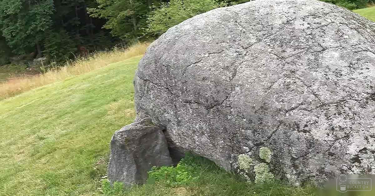 A lush summer landscape with a large rock on a grassy hillside surrounded by trees and shrubs under midday or early afternoon light.