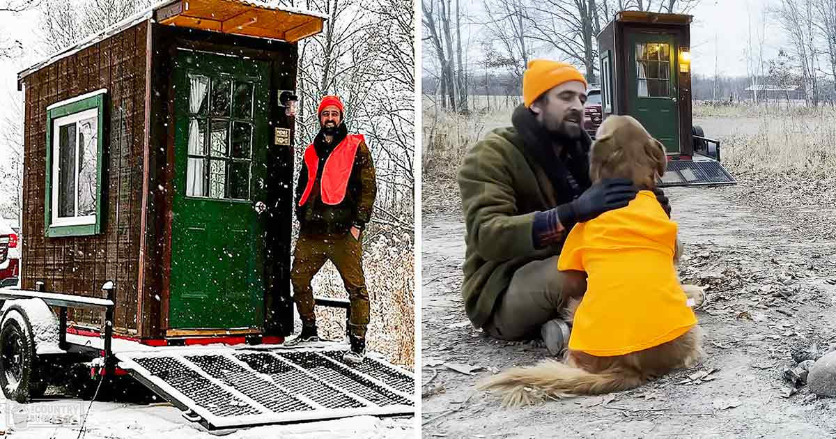 An adult male in a green jacket and brown pants stands with a toddler wearing a yellow hooded jacket and dark pants, accompanied by an adult Golden Retriever dog on a snowy rural landscape.