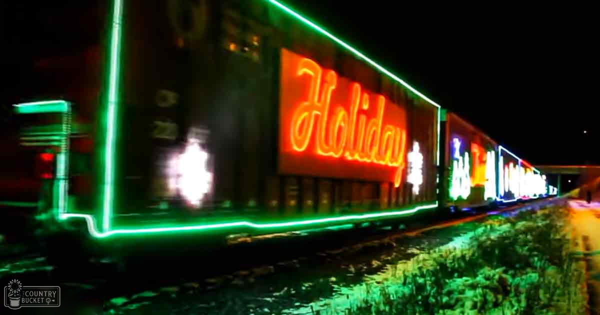 A brightly lit holiday-themed train with colorful lights and signs displayed outdoors at night, surrounded by commercial buildings under artificial lighting.