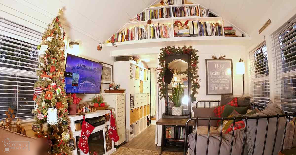 A cozy indoor space decorated for Christmas with a Christmas tree, bookshelves, and holiday-themed decor.
