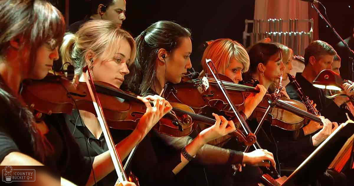 A group of musicians perform in a dimly lit indoor concert hall with stage lighting focused on them and sheet music stands visible in the background.