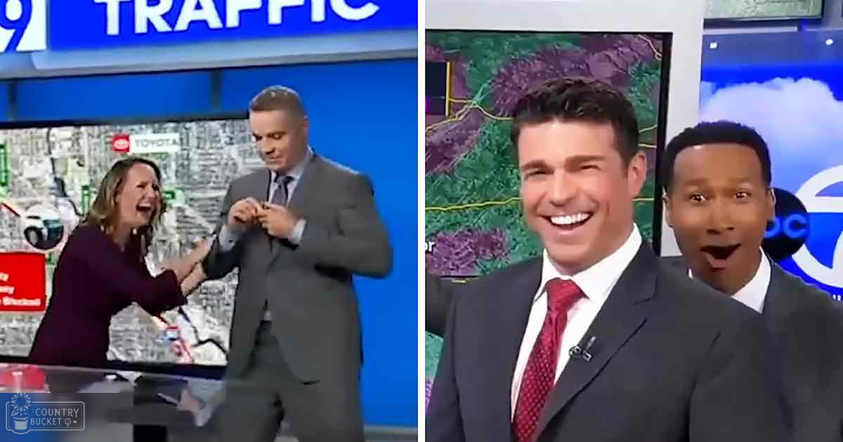 News broadcast in a television studio with multiple presenters interacting against a backdrop of traffic updates.