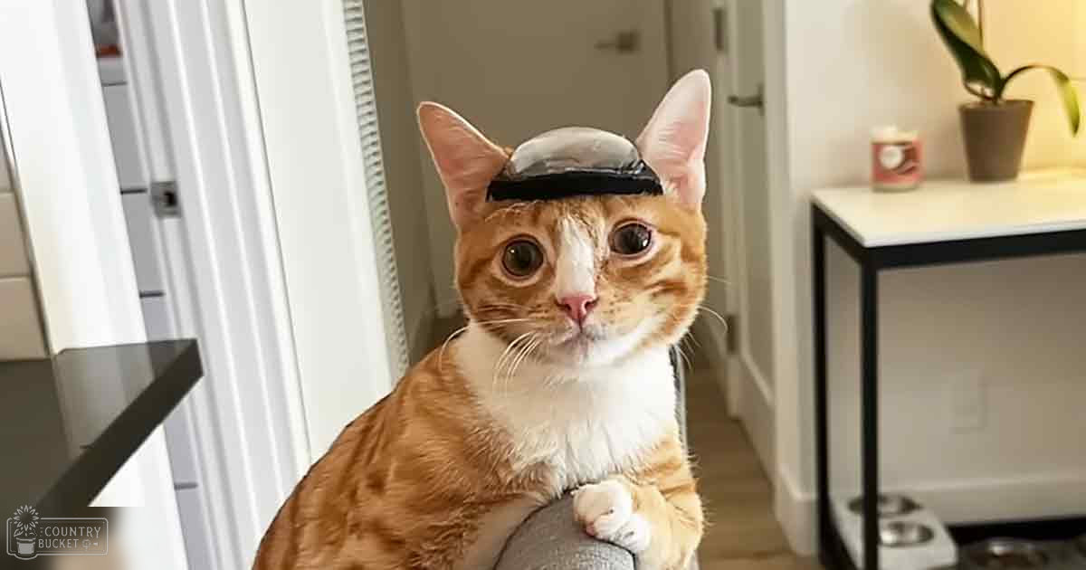An adult tabby cat with an orange and white coat, wearing a small helmet or cap indoors in a home setting.