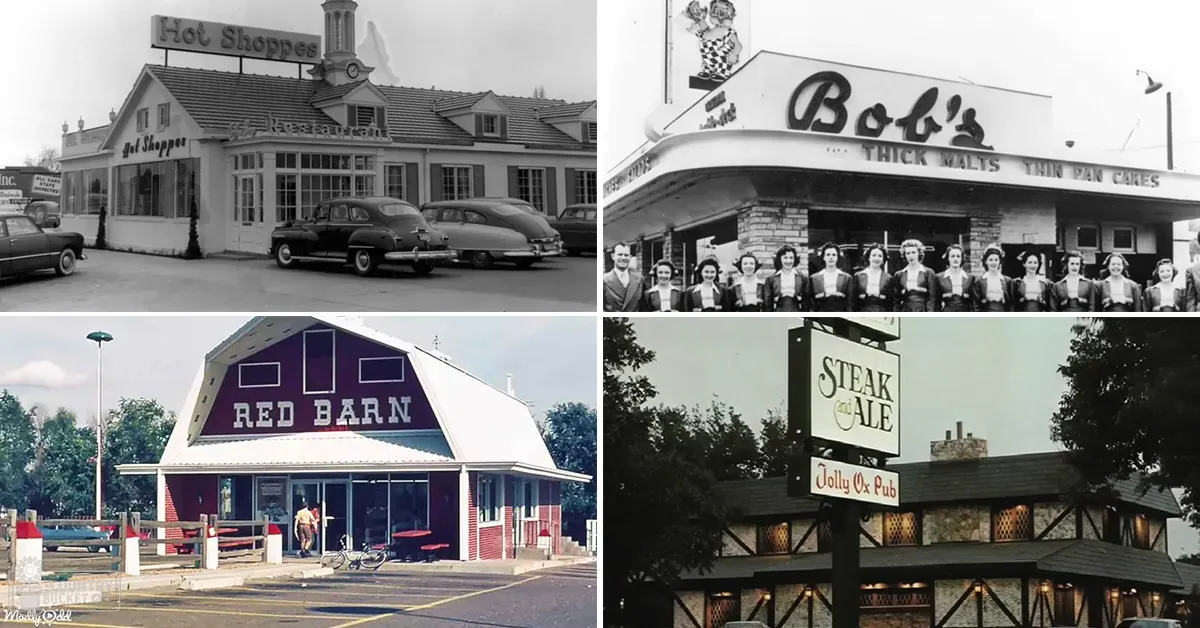 Vintage diner-style restaurants from different eras in a suburban or small-town setting; early 20th-century fashion and architecture