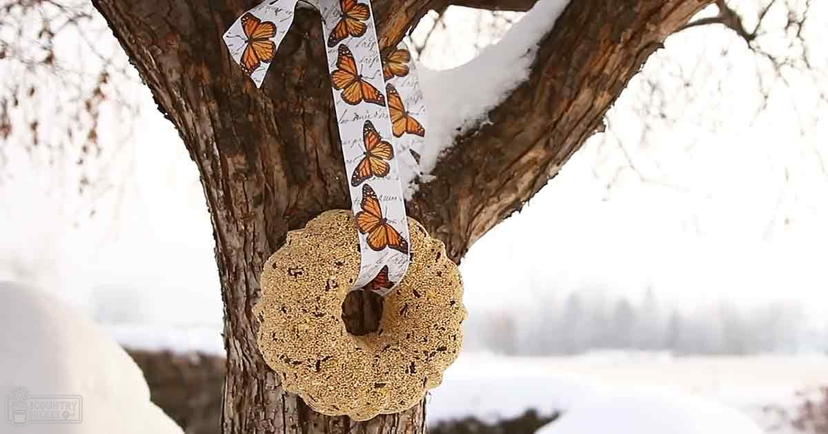 Decorative wreath with dried pinecones, butterfly-patterned ribbon, small birdhouse-like ornament hangs on tree trunk in snowy winter scene.
